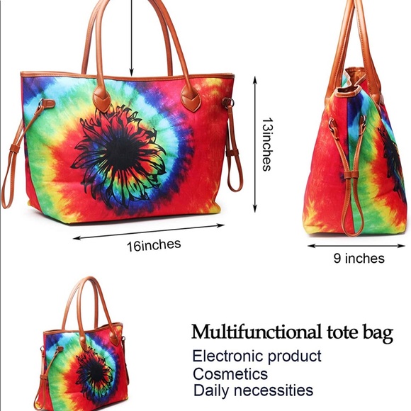 Large Tote Bag Canvas Tie Dye Sunflower Overnight Bag with Two Sturdy Shoulder - Picture 2 of 7